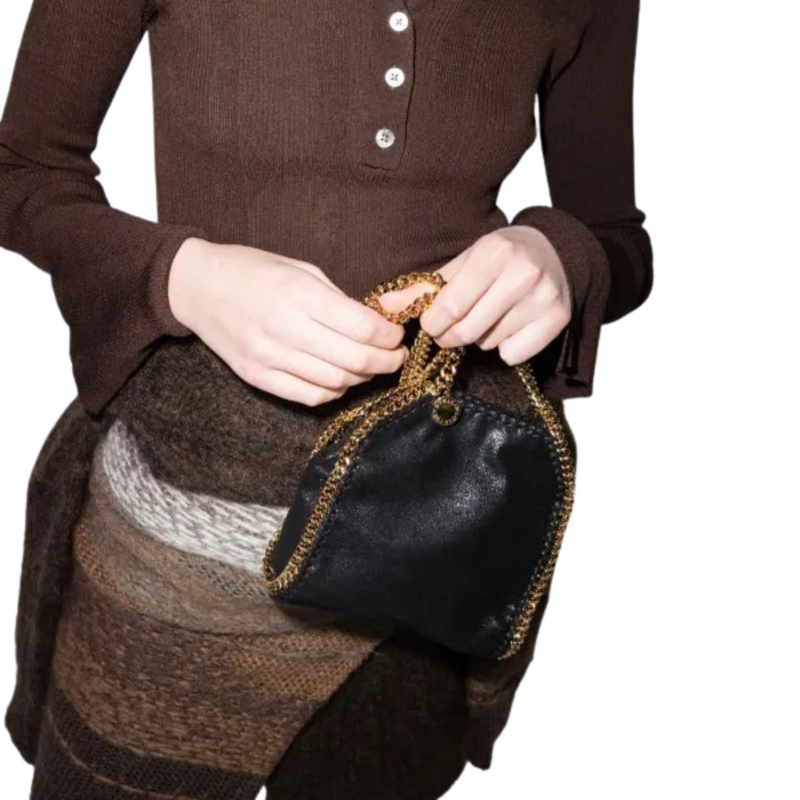 Stella McCartney Falabella Tiny in black gold – styled view