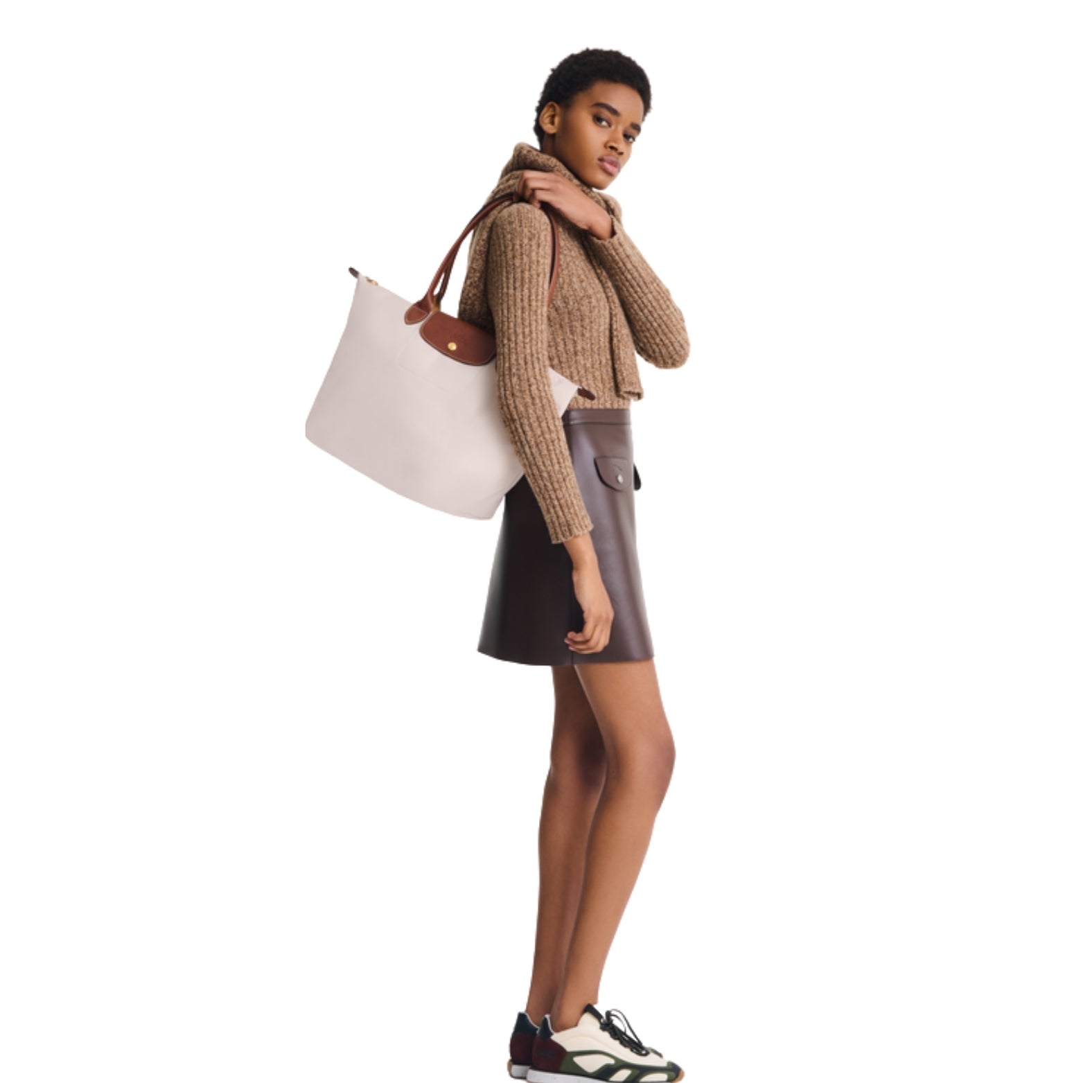 Longchamp Le Pliage Large in beige – styled view