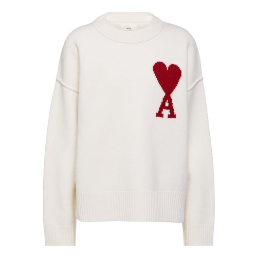 Ami Paris Knit Wool Sweater in white with red Ami heart