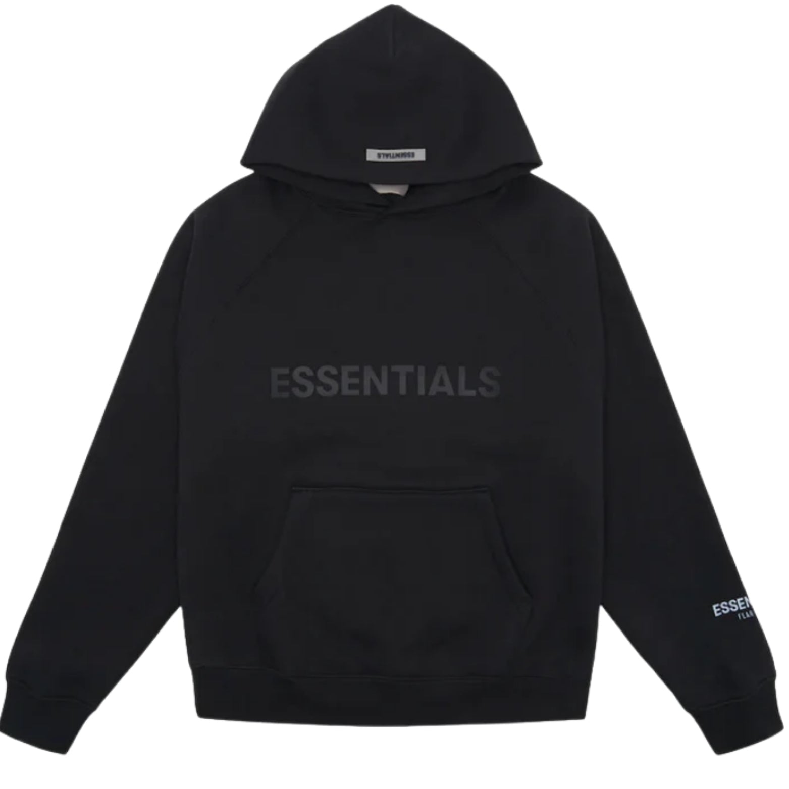 Fear of God Essentials Pullover Hoodie in black with applique logo
