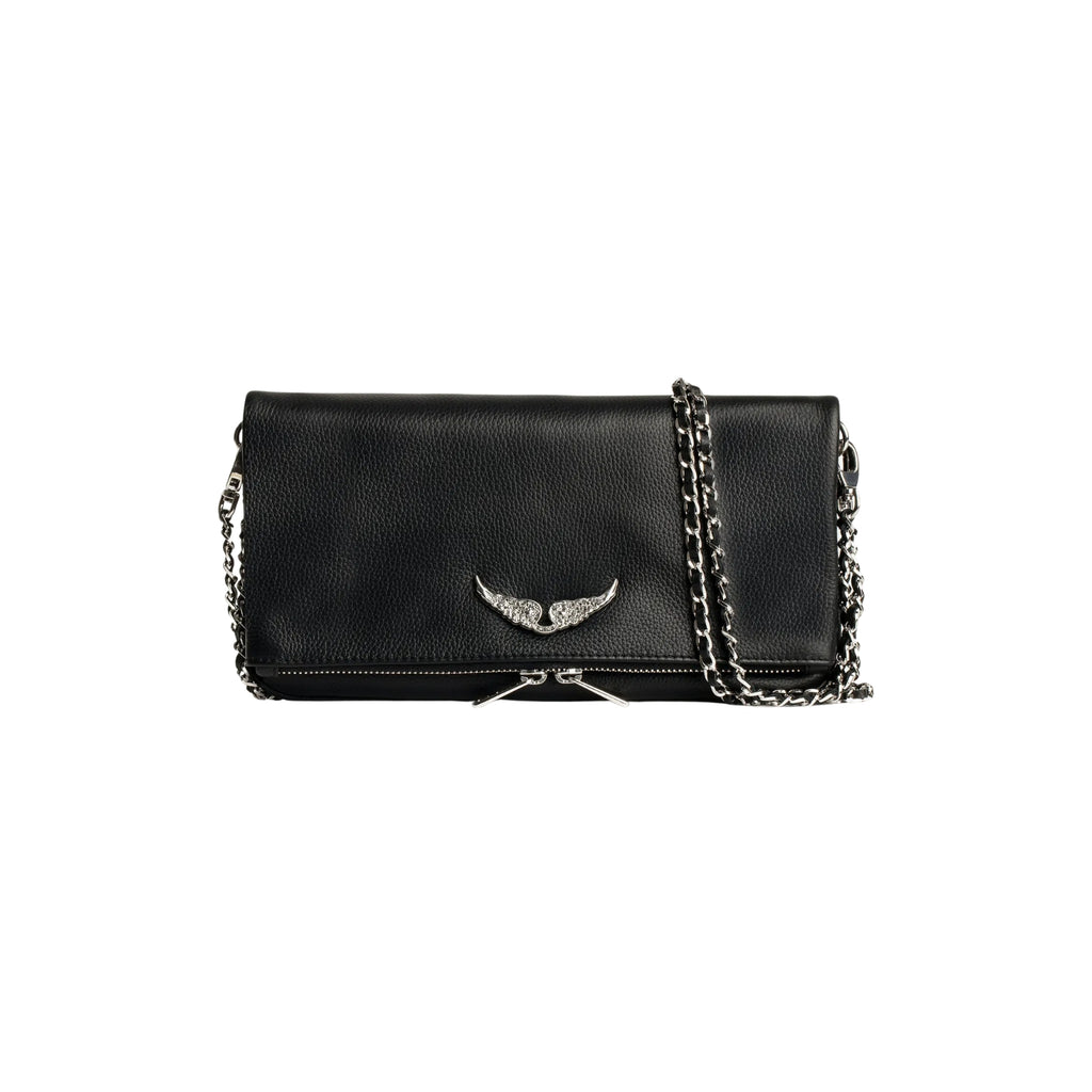 Rock Clutch in black leather with silver chains