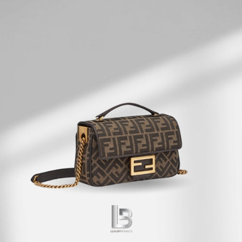 Fendi Baguette Chain Midi - Brown FF jacquard fabric bag