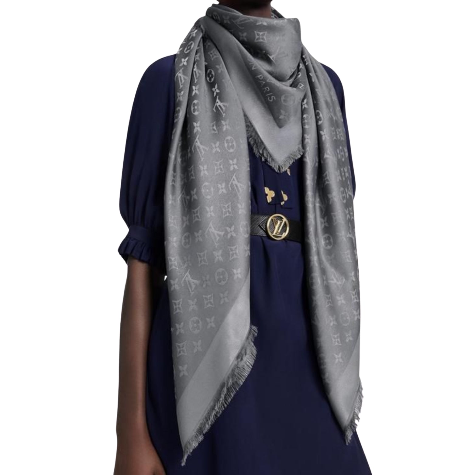 Louis Vuitton Monogram Shawl in silver – styled view