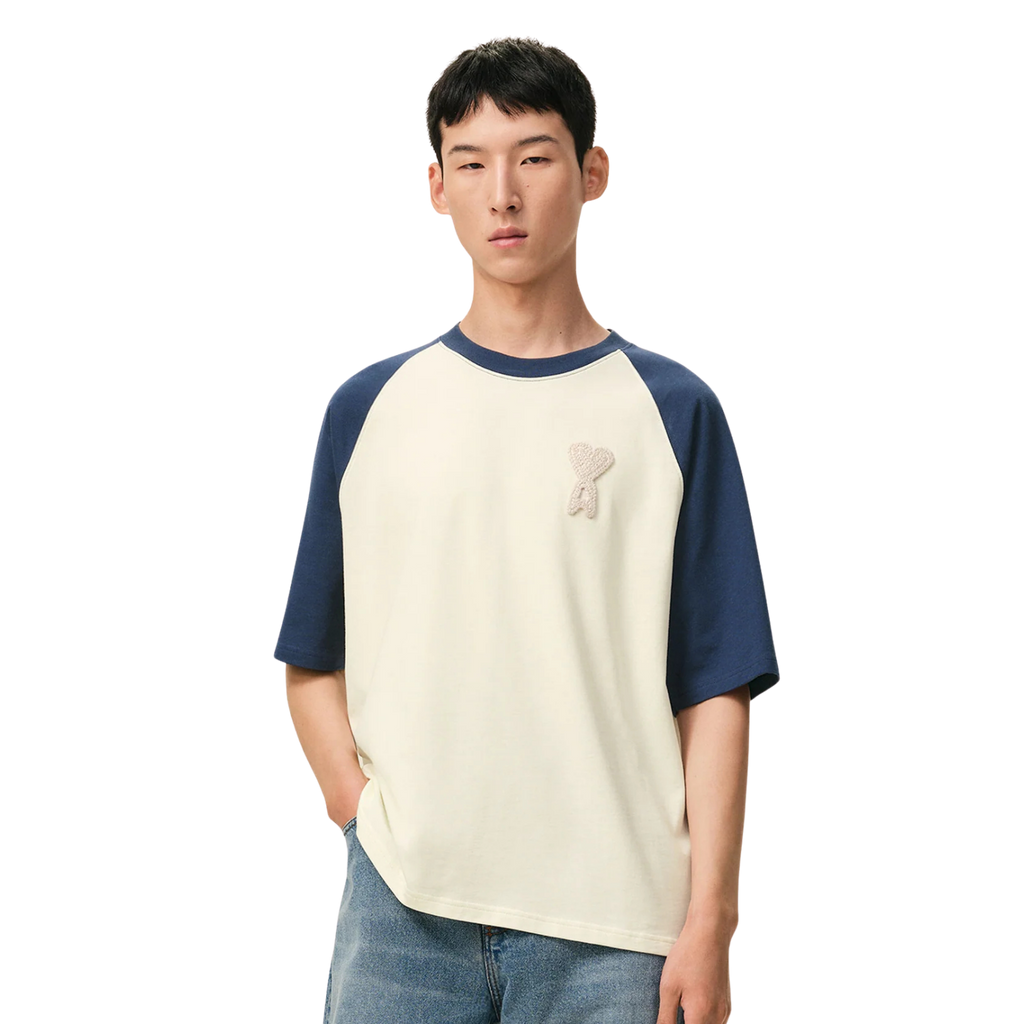 Ami Paris Knit Patch T-Shirt in white with blue heart — styled view