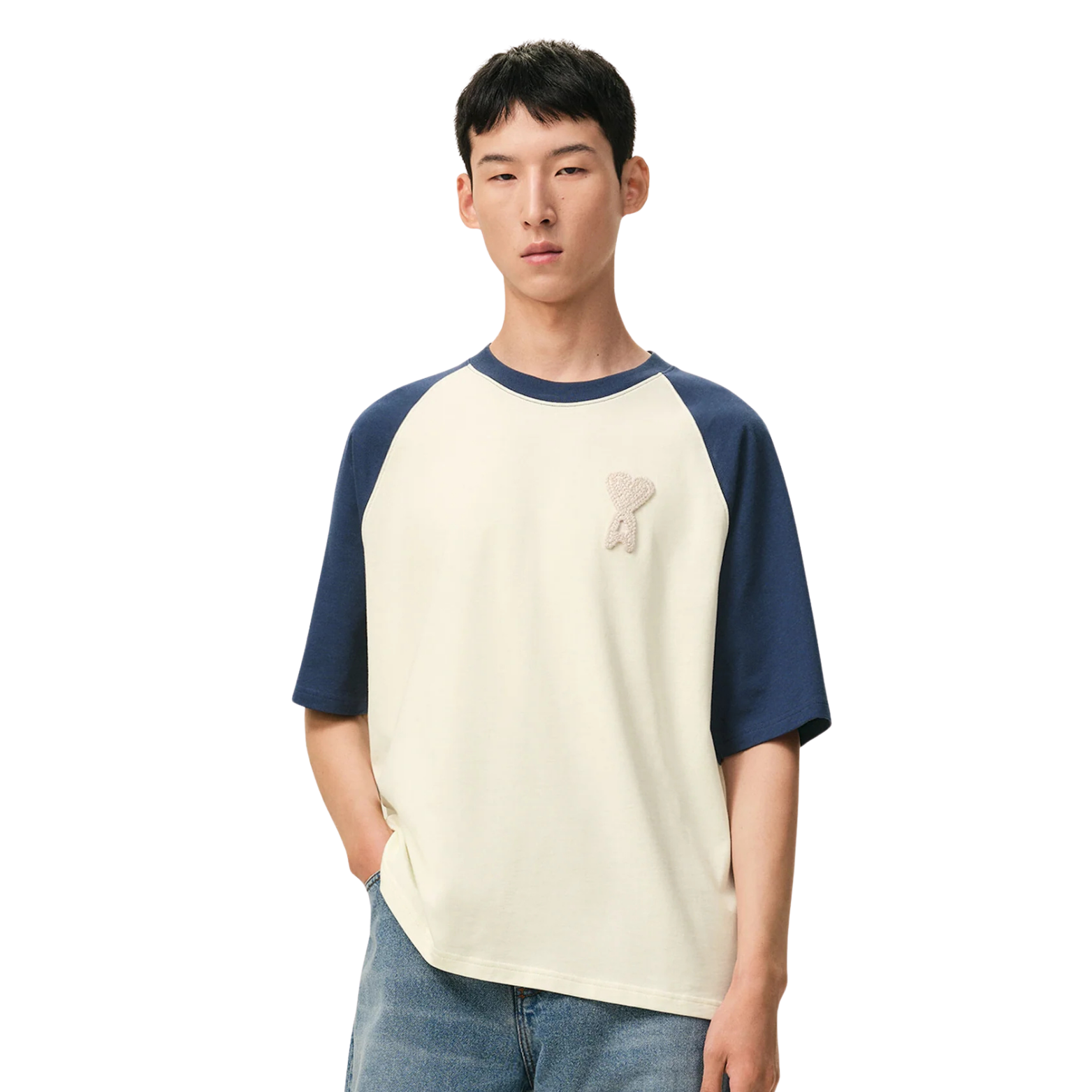 Ami Paris Knit Patch T-Shirt in white with blue heart — styled view