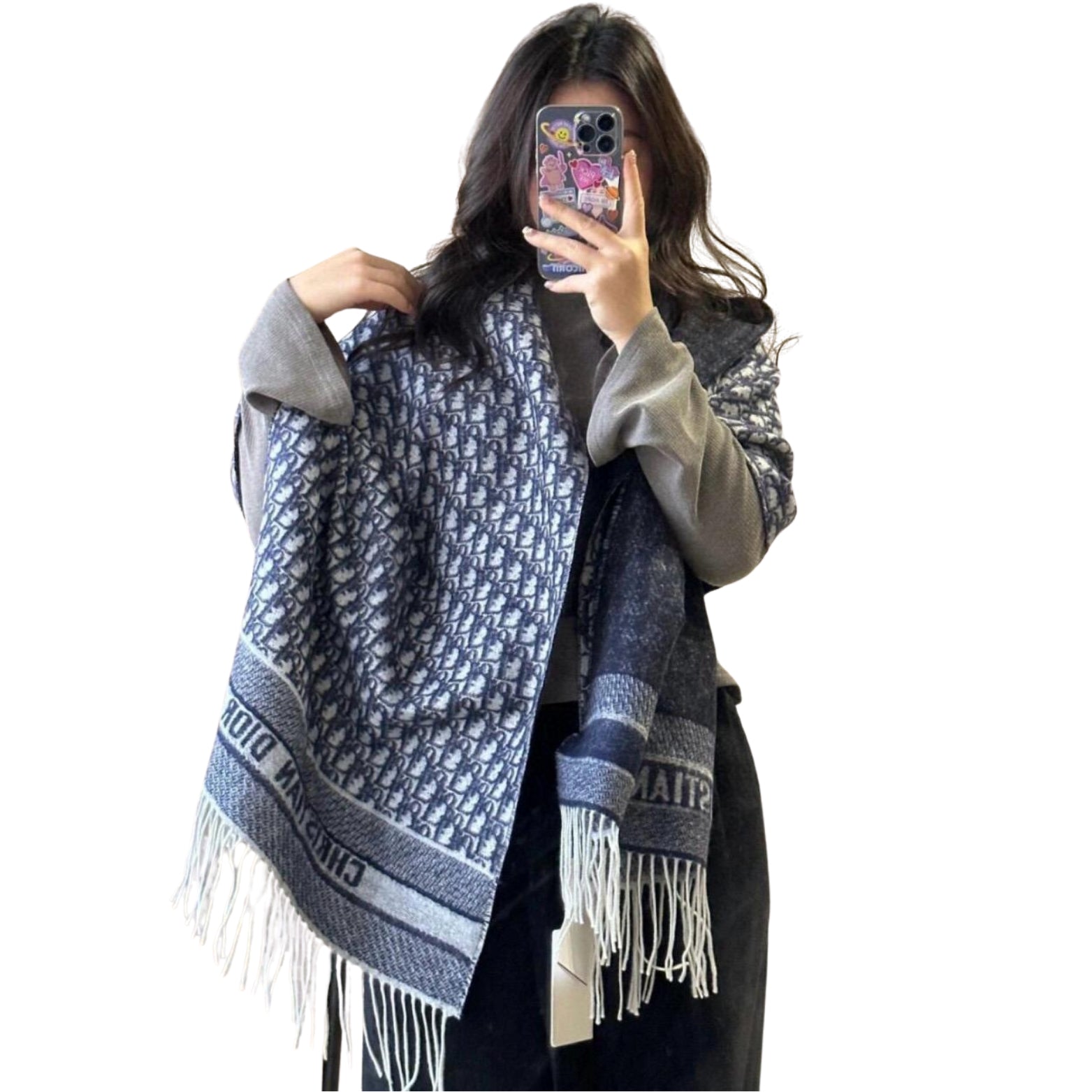 Dior Oblique Scarf in navy blue cashmere with Oblique motif