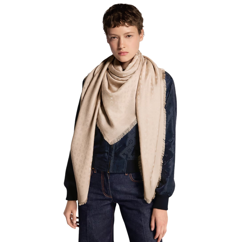 Louis Vuitton Moonlight Shawl in beige – styled drape view