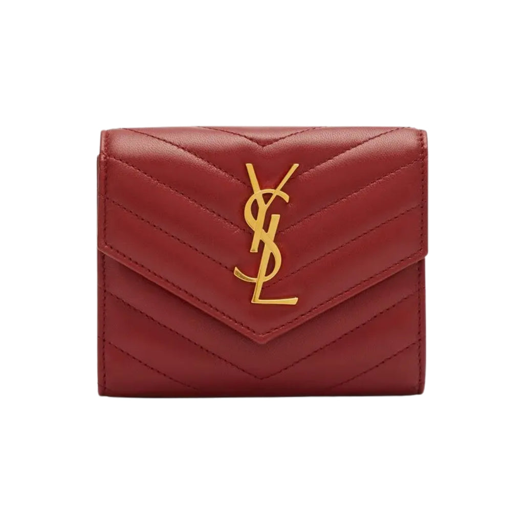 Saint Laurent Compact Tri-Fold Wallet in burgundy leather