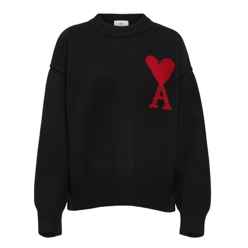 Ami Paris Knit Wool Sweater in black with red Ami heart
