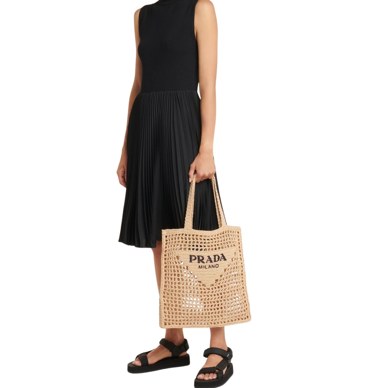Prada Crochet Tote in raffia – styled view