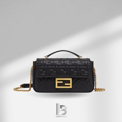 Fendi Baguette® Chain Midi Black nappa leather bag with FF motif
