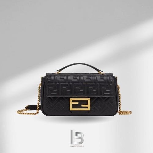 Fendi Baguette® Chain Midi Black nappa leather bag with FF motif