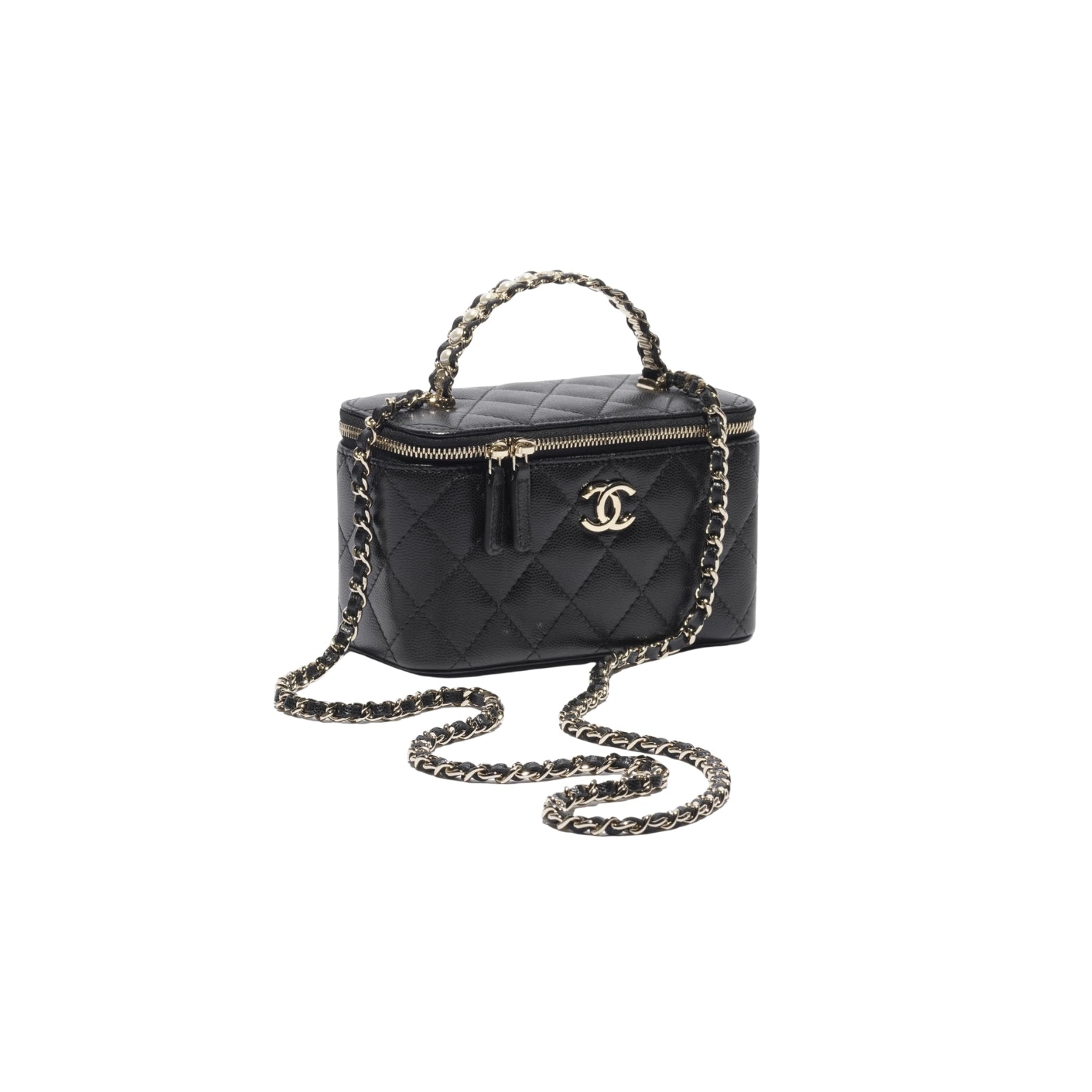 Chanel Long Vanity with Chain in quilted black leather, top handle