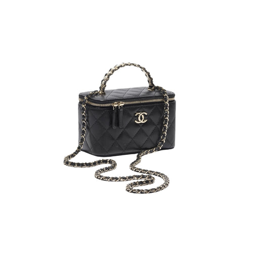Long Vanity with Chain in quilted black leather, top handle