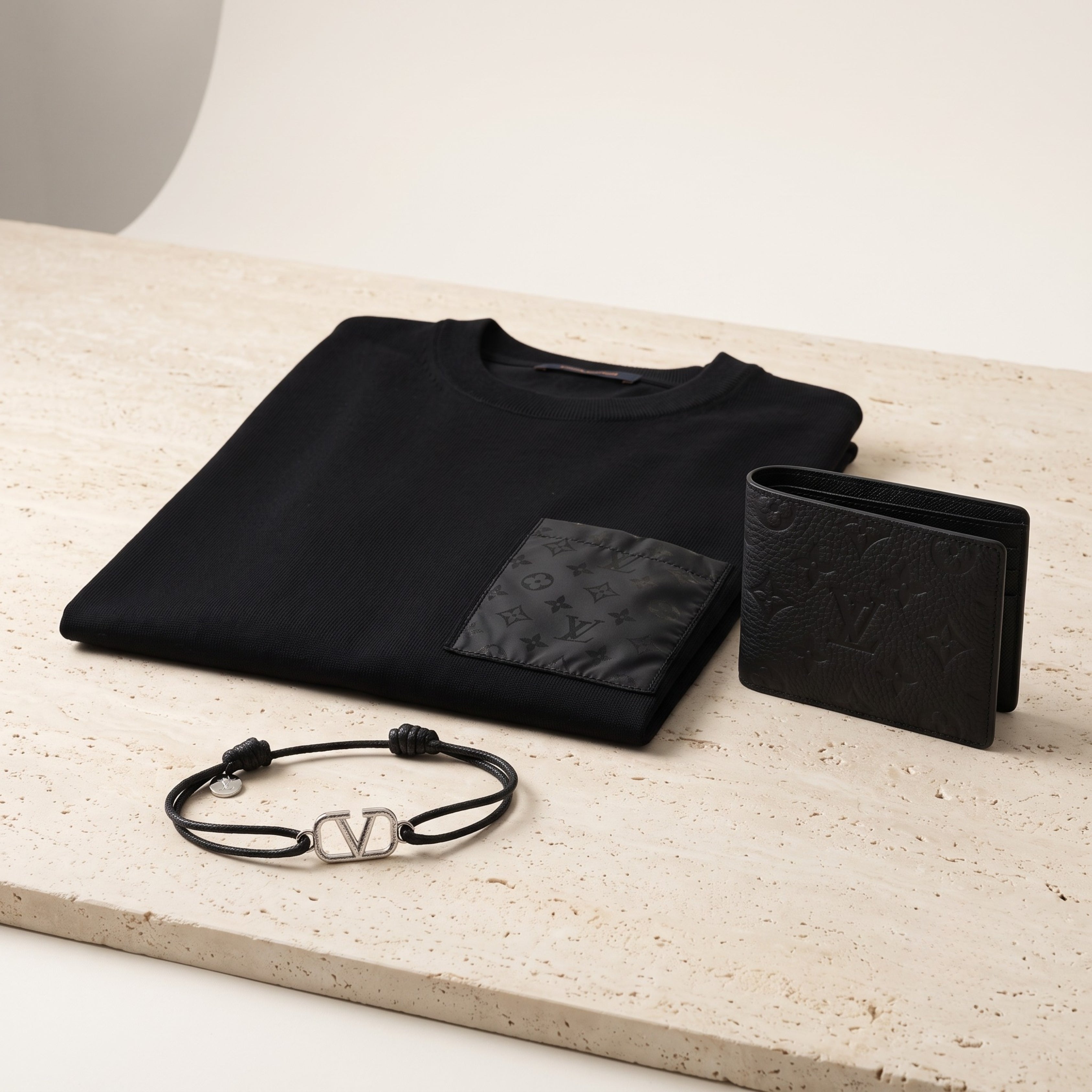 The Everyday Bundle — LV Multiple Wallet, Valentino Bracelet & LV Tee