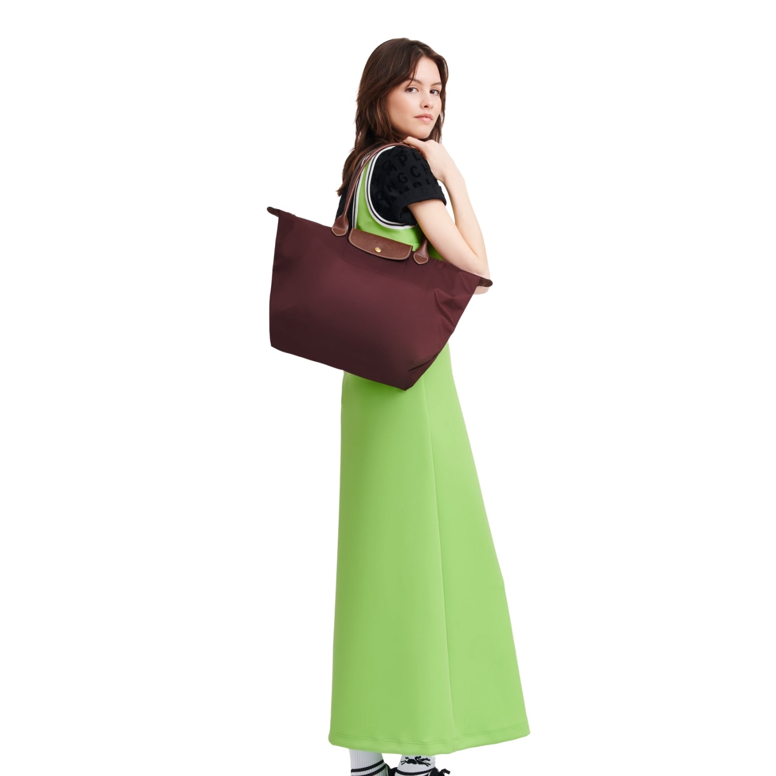 Longchamp Le Pliage Large in burgundy – styled view