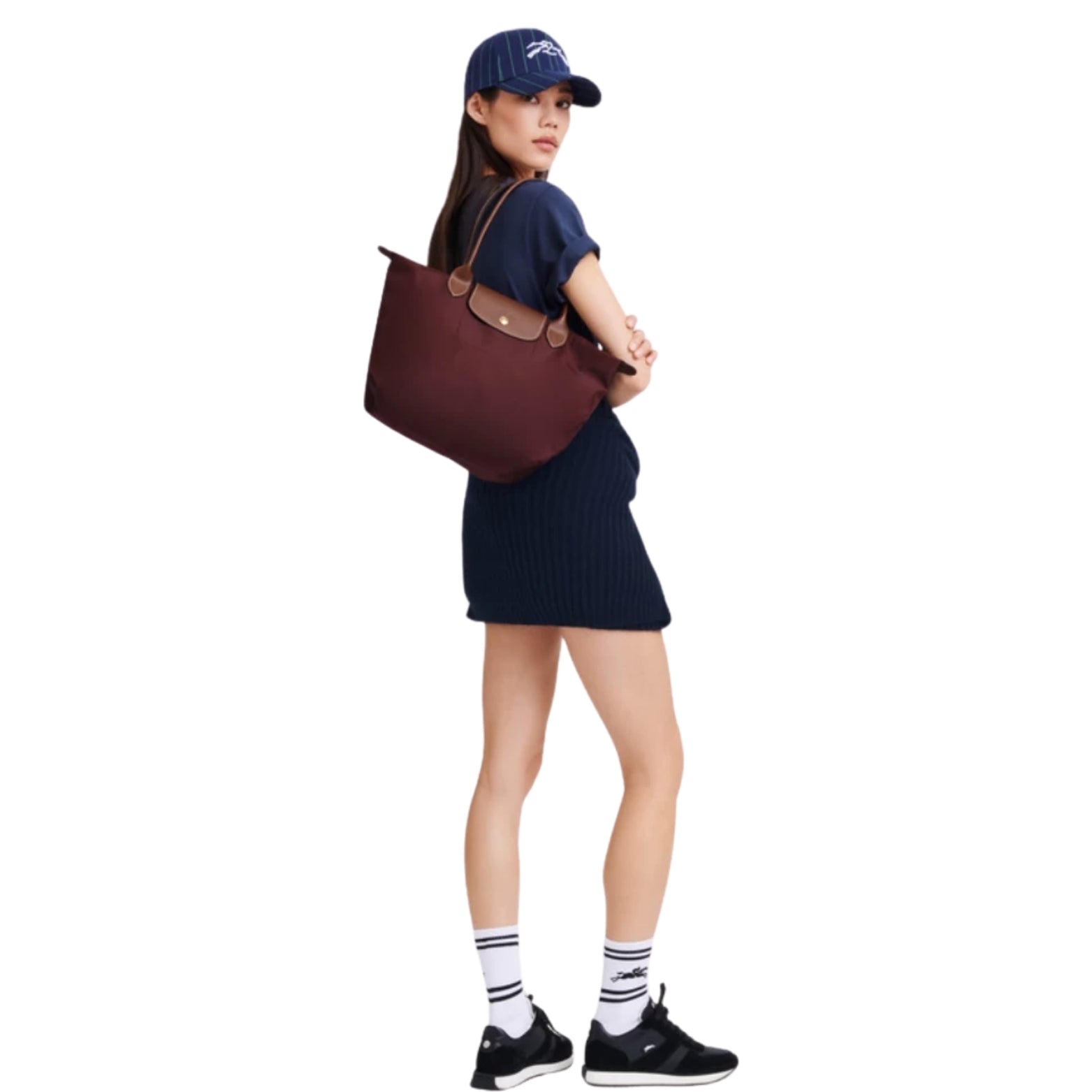 Longchamp Le Pliage Medium in burgundy – styled view