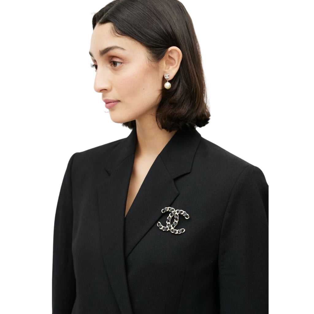 Chanel Lambskin Chain CC Brooch Black Silver